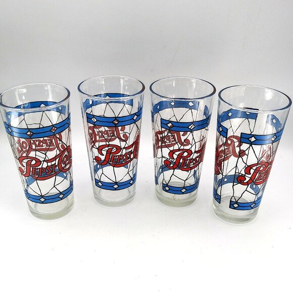 Vintage 1970s set of 4 Pepsi Cola Tumblers Drinking Glasses stained glass style - Picture 5 of 10